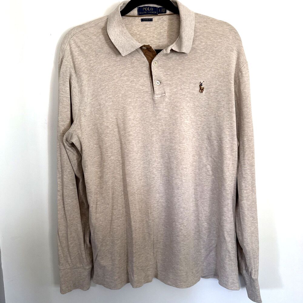 Polo Ralph Lauren Polo Shirt Mens L Tan Classic Fit LS Flesh Pony 100% Cotton